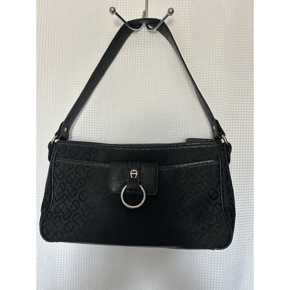 Vintage Etienne Aigner Black Monogram Shoulder Bag: Logo Fabric & Leather Trim